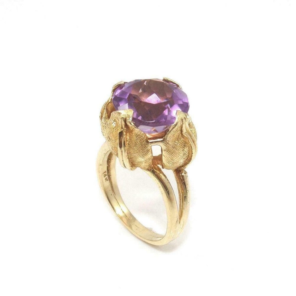 Vintage 14K Yellow Gold Ring 7.25 Purple Amethyst Tulip Leaf Solitaire Cocktail